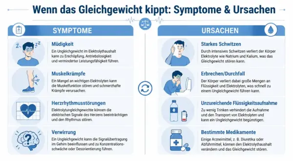 Infografik zeigt, was sind Elektrolyte und welche Symptome und Ursachen bei einem Ungleichgewicht auftreten, z.B. Müdigkeit, Krämpfe, Schwitzen.