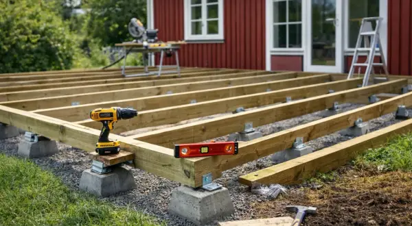 Bygga altan på plintar: träbjälkar monteras på betongplintar med skruvdragare och vattenpass. Ett steg för att skapa en ny uteplats.