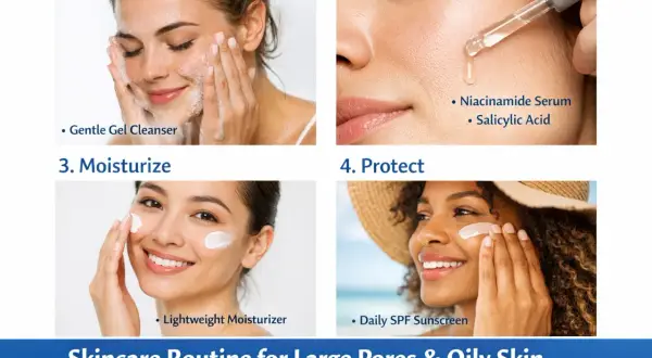 Routine soin pour peau grasse : nettoyage, sérum à la niacinamide, hydratation et protection solaire.
