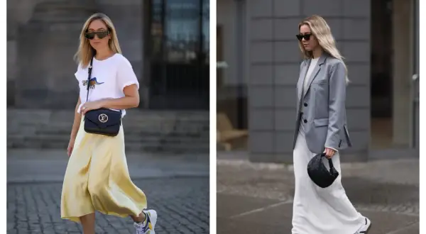Due donne sfoggiano un outfit elegante con sneakers. Una con gonna gialla e t-shirt, l'altra con abito bianco e blazer grigio.