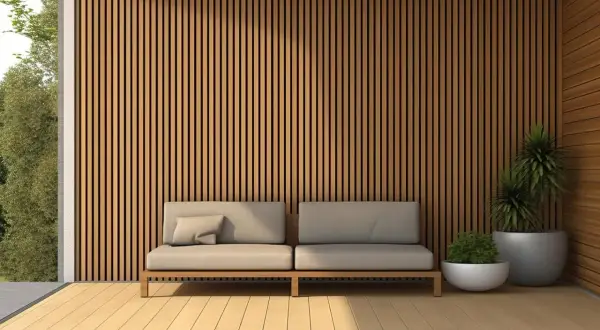 Nowoczesny salon z lamelem na ścianie, wygodna sofa i rośliny tworzą przytulną przestrzeń.