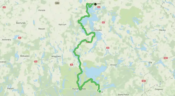 Trasa rowerowa przez Szlak Wielkich Jezior Mazurskich, od Węgorzewa przez Giżycko, Ruciane-Nidę po Białą Piskę.