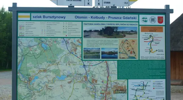 Mapa Szlaku Bursztynowego Otomin - Kolbudy - Pruszcz Gdański. Znajdziesz tu informacje o atrakcjach, odległościach i przebiegu trasy.