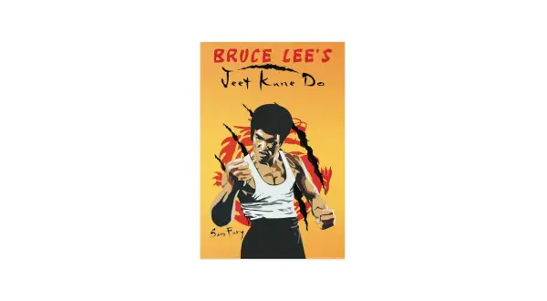 Bruce Lee i hans ikoniska stil, redo att utöva jeet kune do. Bakgrunden har en stiliserad drake.