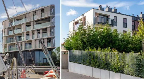 Nowoczesne osiedle z widokiem na wodę i zieleń. Budynki o ciekawej architekturze, z balkonami i tarasami.