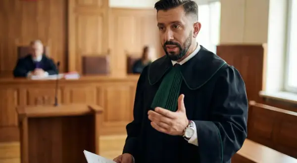 Prawnik w todze omawia kwestie wydziedziczenia i zachowku w sali sądowej.