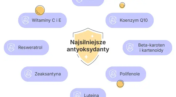 Diagram przedstawia co to są antyoksydanty, wymieniając m.in. witaminy C i E, selen, koenzym Q10, beta-karoten, luteinę.