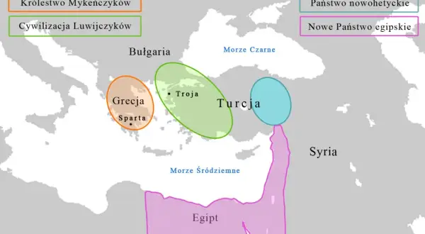Mapa Europy i Bliskiego Wschodu z zaznaczonymi obszarami: Grecja, Troja, Egipt, Syria, Bułgaria, państwa Luwijczyków i Mykeńczyków.