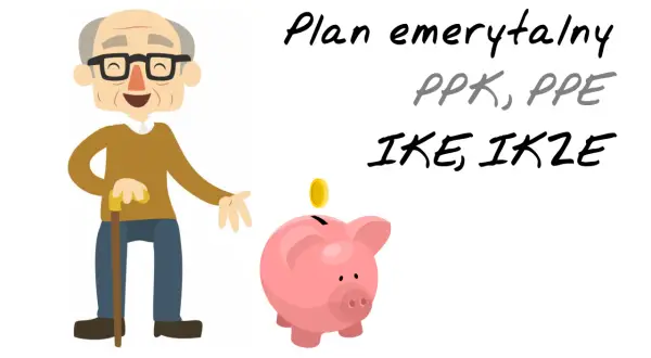 Uśmiechnięty starszy pan z laską i skarbonka świnka z monetą symbolizują, jak oszczędzać na emeryturę dzięki PPK, PPE, IKE i IKZE.