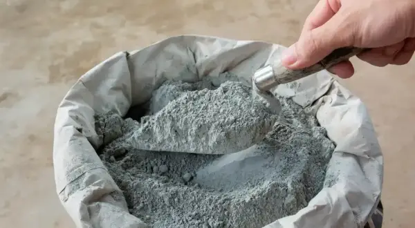 Łopata nabiera suchy beton z worka. Kluczowe są właściwe proporcje do uzyskania mocnej mieszanki.