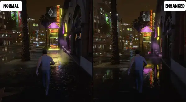 Porównanie grafiki GTA 5: "Normal" vs "Enhanced". Lepsza jakość obrazu i detali, gdy spełnione są gta 5 wymagania.