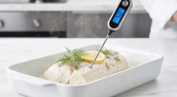 En vit fisk i ugnsform med citron och dill. En digital termometer visar vit fisk temperatur: 59°C.