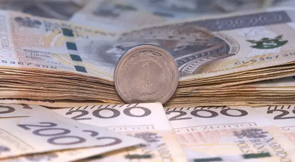 Stos banknotów 200 zł i 100 zł, z monetą 1 zł na wierzchu. Symbolizuje to wynagrodzenie młodocianych, które może być niewielkie na początku kariery.