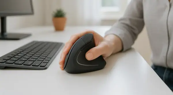 En hand håller en ergonomisk datormus. Ett tangentbord och en datorskärm syns i bakgrunden.
