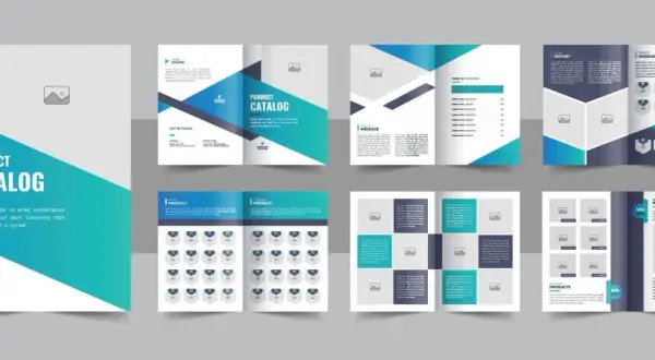 A modern product catalog template featuring a striking teal and navy design. This template showcases various layouts for product listings, company history, and featured items.