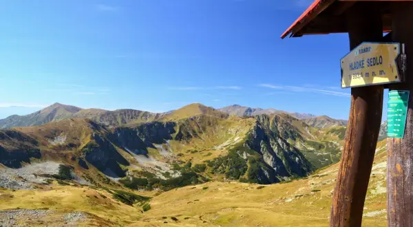 Widok na szlak turystyczny w Tatrach Wysokich. Słoneczny dzień, górzysty krajobraz z żółtą trawą i zielonymi krzewami.