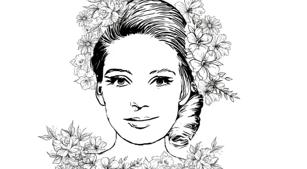 Portret kobiety ozdobiony kwiatami, idealny jako szablon portret wiosny kolorowanka.