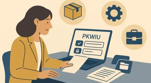 Kobieta przy laptopie z napisem PKWIU. Ikony pudełka, biegu i teczki sugerują, że chodzi o klasyfikację działalności, np. przy rozliczaniu podatku od czynności cywilnoprawnych.