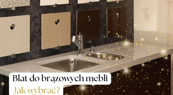 Próbki blatów kuchennych w różnych odcieniach, od jasnych po brązowe, prezentowane nad zlewem. Jak dobrać kolor blatu do mebli kuchennych?