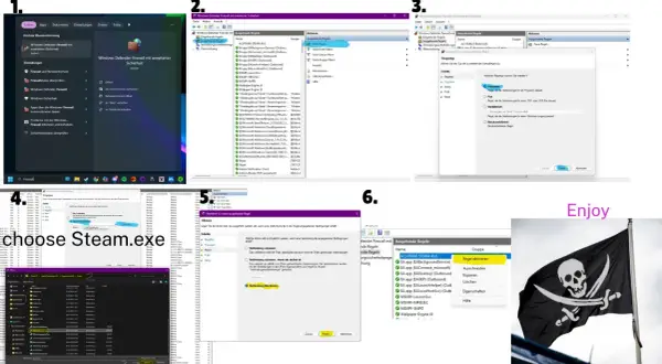 Konfiguracja zapory Windows dla **steam powiązane konta**. Wybieranie pliku steam.exe.