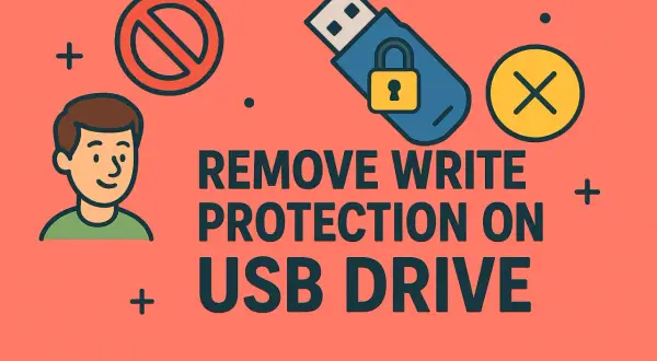 Icono de persona, USB con candado y prohibición. Instrucciones para quitar protección contra escritura disco duro.