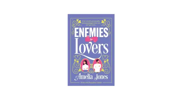 Okładka książki "Enemies to Lovers" Amelii Jones. Dwie postacie w medalionach, symbolizujące przemianę od wrogów do zakochanych.