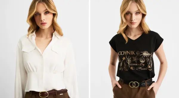 Dwie stylizacje pokazujące, jak nosić pasek damski: brązowy z białą koszulą i czarny z T-shirtem.