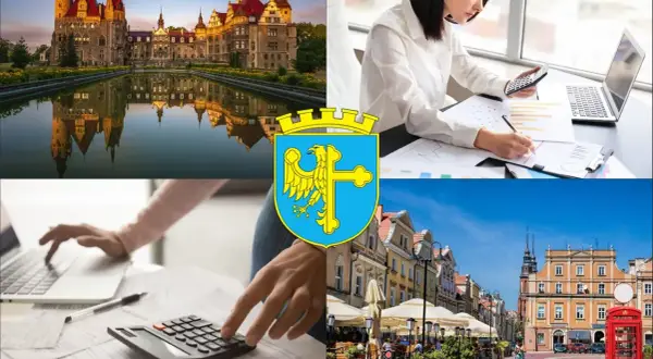 Kolaż: zamek, kobieta z kalkulatorem, herb Opola, rynek miejski.