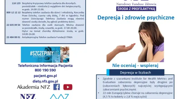 Obraz przedstawia informacje o depresji i zdrowiu psychicznym, w tym numery telefonów zaufania, które mogą pomóc osobom doświadczającym objawów psychotycznych.