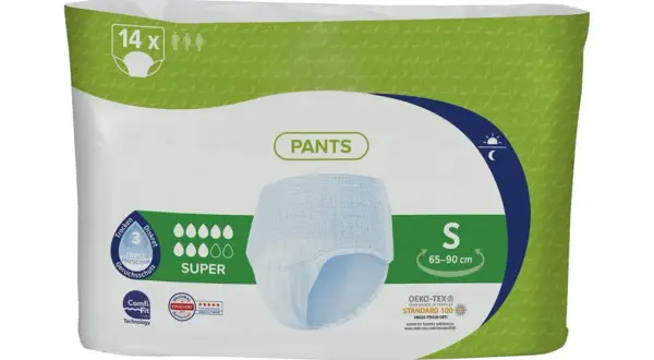 Verpackung mit 14 Stück Inkontinenz Pants, Größe S (65-90 cm), für diskreten Schutz und Trockenheit.