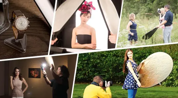 Collage showing how to use bounce lighting with reflectors and diffusers for product and portrait photography.