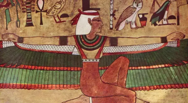 En egyptisk gudom med utbredda vingar, en del av en egyptiska gudinnor lista. Symboler som ankh och fåglar syns.