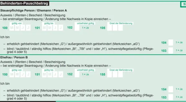 Formular zur Beantragung eines Behinderten-Pauschbetrags. Felder für den Grad der Behinderung und Angaben zur Person A und B.