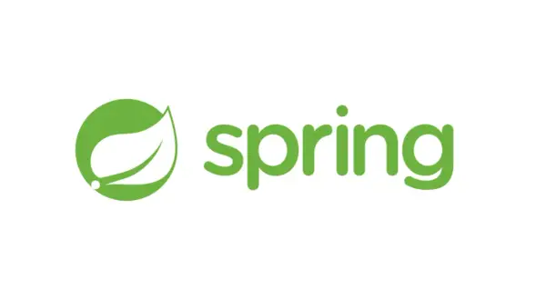 Zielony liść i napis "spring" - symbol frameworka Spring Java.