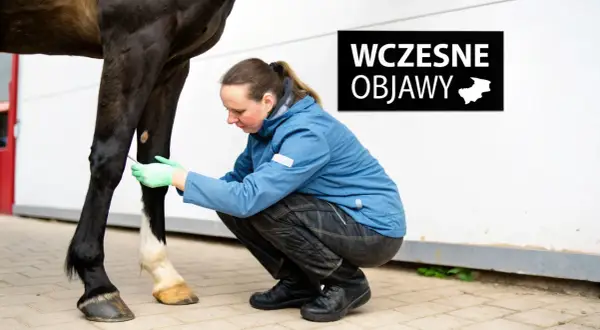 Weterynarz bada nogę konia, szukając wczesnych objawów kulawizny.