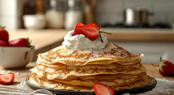 Pile de crêpes dorées, garnie de chantilly et de fraises. Parfait pour une recette crêpe 2 œufs gourmande.