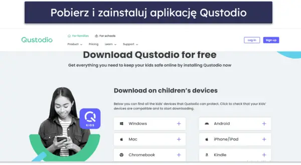 Dziewczyna korzysta z telefonu, obok logo Qustodio Kids. Strona oferuje kontrolę rodzicielską na iPhone, Android i inne urządzenia.