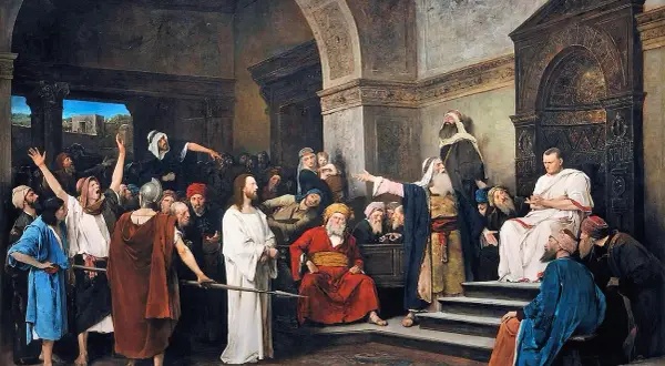 Piłat, pytany kto skazał Jezusa na śmierć, wskazuje na tłum. Jezus stoi po lewej.
