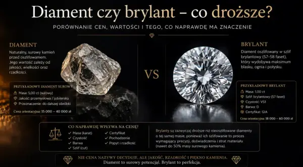 Surowy, nieoszlifowany diament obok lśniącego brylantu. Porównanie cen i wartości kamieni.