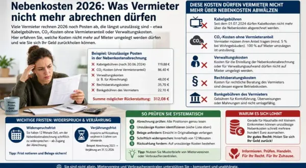 Frau prüft Nebenkostenabrechnung. Unzulässige Posten wie Kabelgebühren oder Verwaltungskosten dürfen nicht mehr abgerechnet werden. Holen Sie sich Ihr Geld zurück!