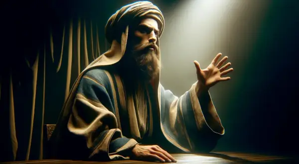 Faryzeusz w tradycyjnym stroju, z brodą i turbanem, gestykuluje ręką w świetle reflektora.