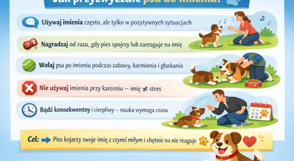 Jak nauczyć psa reagować na imię? Używaj go w pozytywnych sytuacjach, nagradzaj za reakcję i bądź cierpliwy. Pies skojarzy swoje imię z czymś miłym.