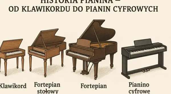 Ewolucja instrumentów klawiszowych: od klawikordu, przez fortepian stołowy i fortepian, po pianino cyfrowe.