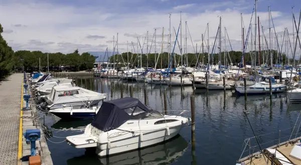 Barche a vela e a motore ormeggiate nella marina di Porto San Giorgio, con alberi che si stagliano contro il cielo azzurro.