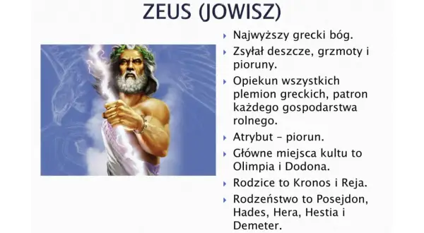 Zeus, król bogów w mitologii greckiej, dzierży piorun. Jego atrybuty to władza i opieka nad ludzkością.