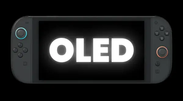 Konsola Nintendo Switch OLED z białym napisem "OLED" na ekranie.
