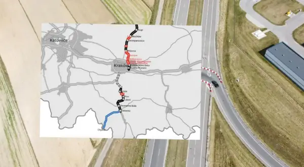 Mapa drogowa S7 z zaznaczonymi odcinkami i miastami, od Katowic przez Kraków po Chyzne.
