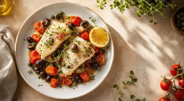 Deux dos de cabillaud savoureux, accompagnés de tomates cerises, d'olives noires et de câpres, le tout garni de thym frais et d'une tranche de citron.