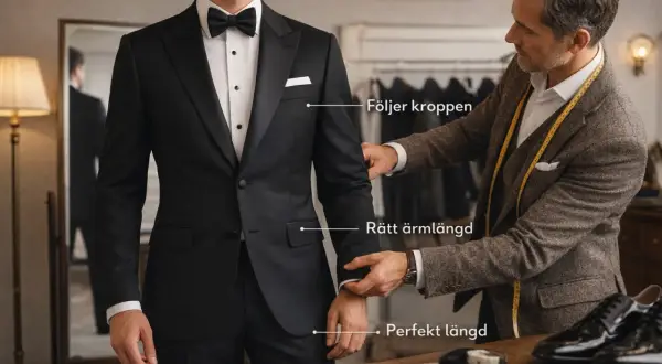 En skräddare visar hur en frack ska sitta: perfekta axlar, följer kroppen, rätt ärmlängd och perfekt längd.