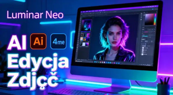 Luminar Neo z AI do edycji zdjęć. Komputer wyświetla portret kobiety z neonowym konturem.